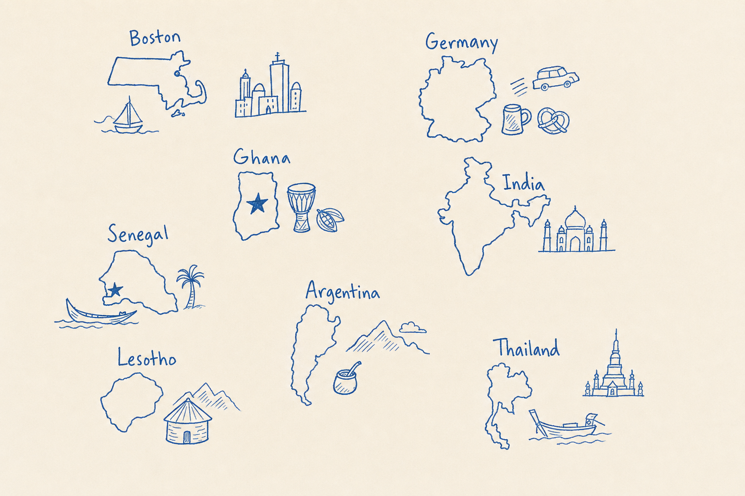 A cleaned blue-ink illustration in Lars's doodle style showing eight places that shaped his global perspective
