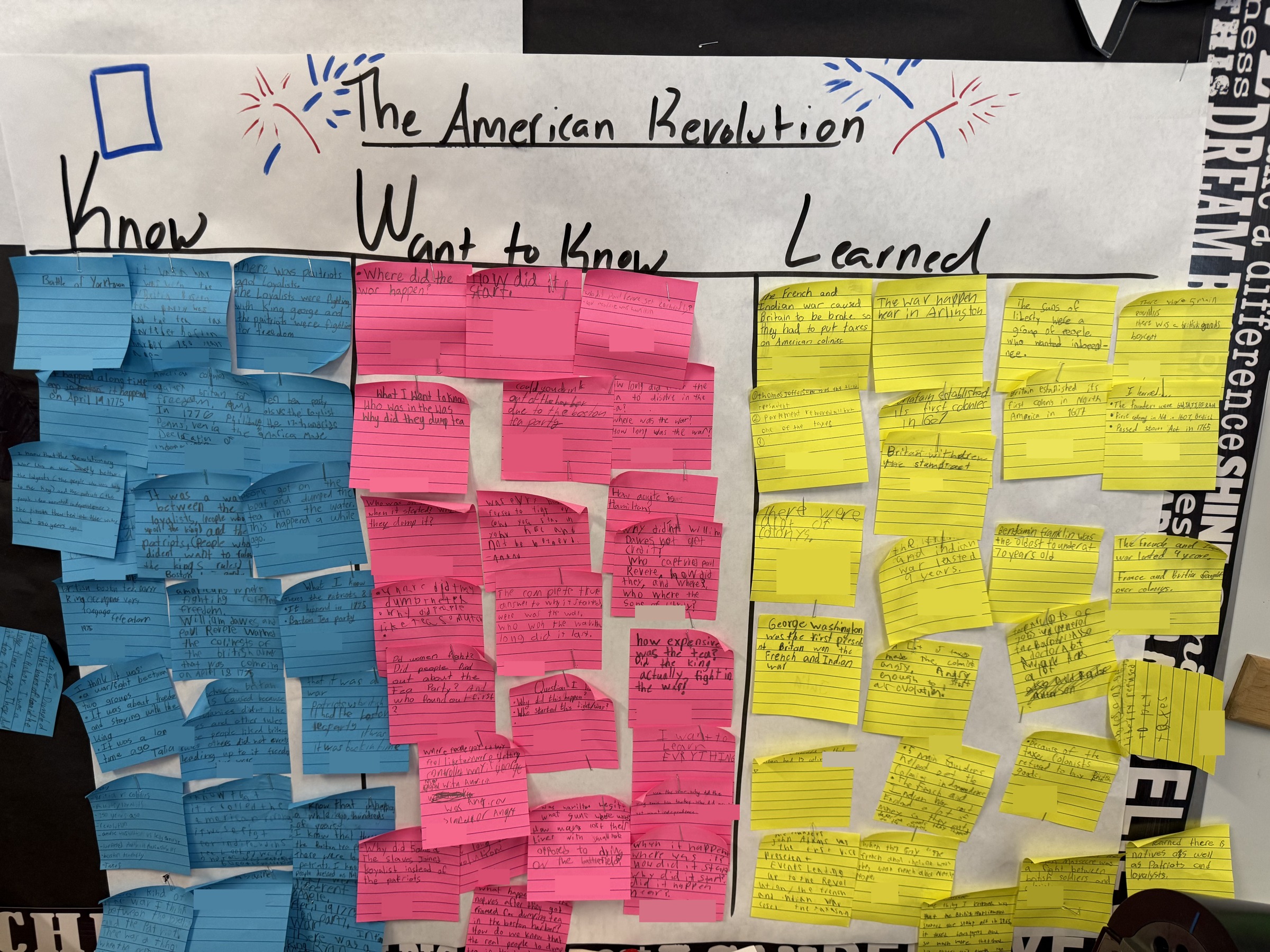 American Revolution KWL chart with blue notes for prior knowledge, pink notes for questions, and yellow notes for learning; student names are covered.
