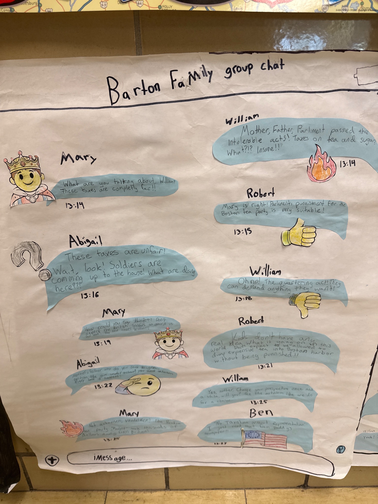 A student-created Barton Family group chat showing Patriot and Loyalist reactions to Revolutionary events