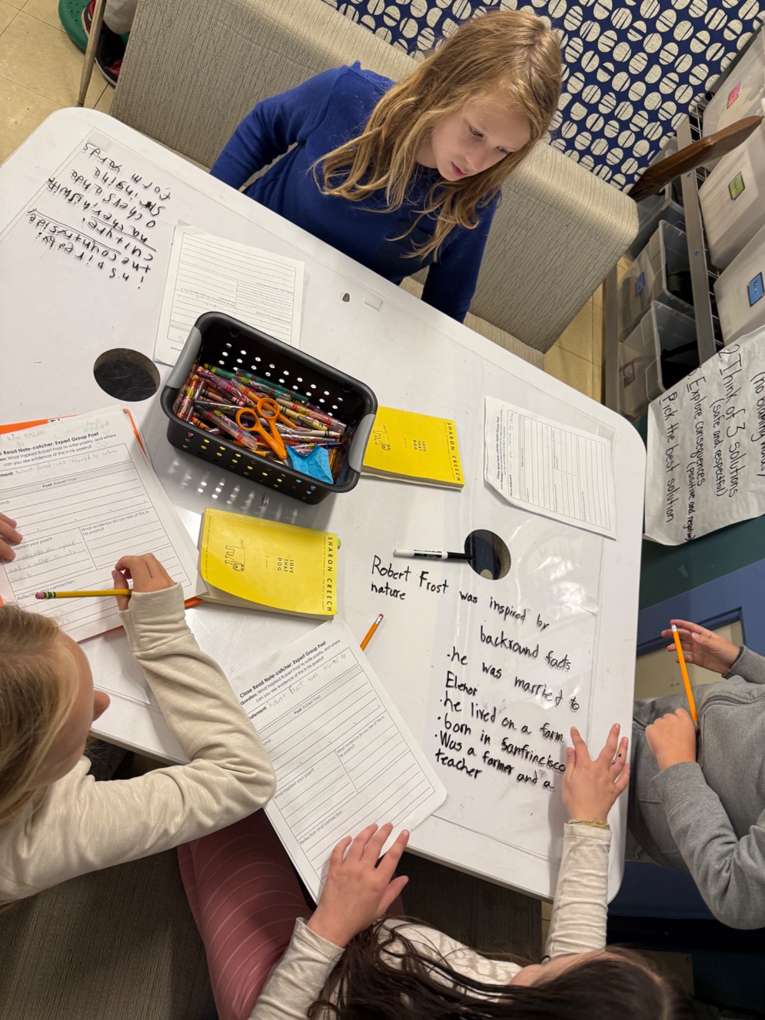 Four students collaborating around shared notes, mentor texts, and a group poet analysis sheet